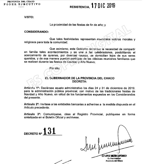 El gobernador decret asueto administrativo para el 24 y 31 de